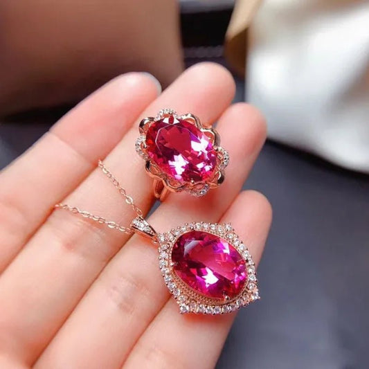 Newest Design Gemstone Jewelry Gold - plated South Africa Zircon AAA Ellipse Red Tourmaline Necklace Pendant Opening Adjustable Ring Set for Women - WORLD TIME VISITS