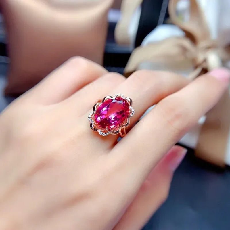 Newest Design Gemstone Jewelry Gold-plated South Africa Zircon AAA  Ellipse Red Tourmaline Necklace Pendant Opening Adjustable Ring Set for Women
