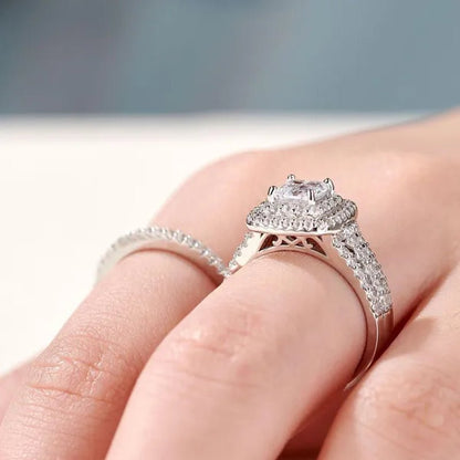 Newshe 925 Sterling Silver Princess Cross Halo Cubic Zirconia Wedding Ring Sets for Women Elegant Engagement Rings Sz 4-13