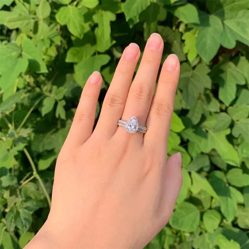 Newshe Halo Pear Shape Solid 925 Sterling Silver Wedding Engagement Rings For Women Water Drop AAAAA Bridal Set Sz 4 - 13 - WORLD TIME VISITS