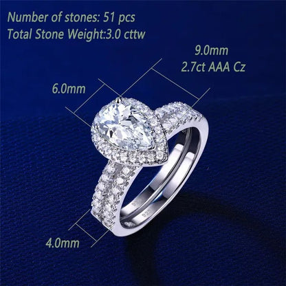 Newshe Halo Pear Shape Solid 925 Sterling Silver Wedding Engagement Rings For Women Water Drop AAAAA  Bridal Set Sz 4-13