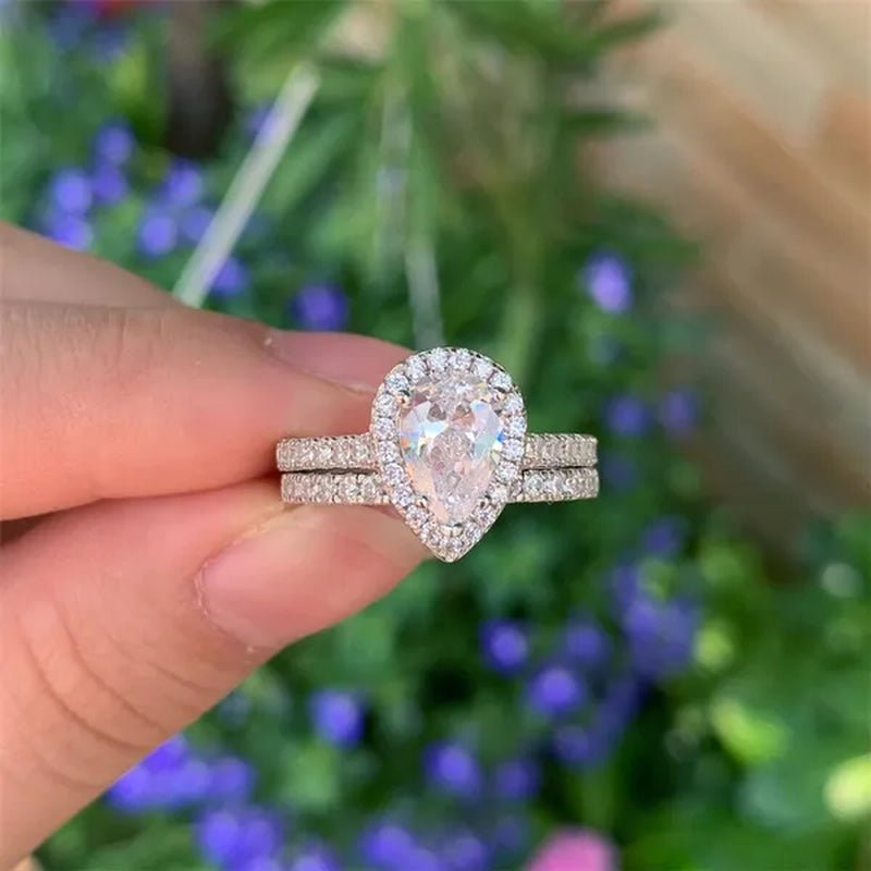 Newshe Halo Pear Shape Solid 925 Sterling Silver Wedding Engagement Rings For Women Water Drop AAAAA  Bridal Set Sz 4-13