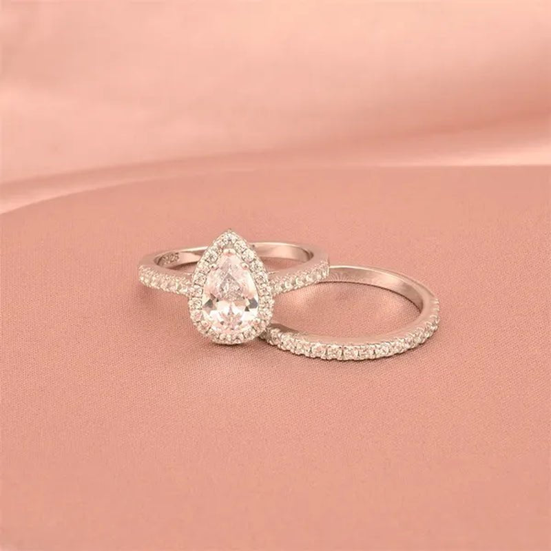 Newshe Halo Pear Shape Solid 925 Sterling Silver Wedding Engagement Rings For Women Water Drop AAAAA  Bridal Set Sz 4-13