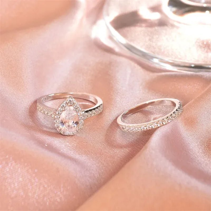 Newshe Halo Pear Shape Solid 925 Sterling Silver Wedding Engagement Rings For Women Water Drop AAAAA  Bridal Set Sz 4-13