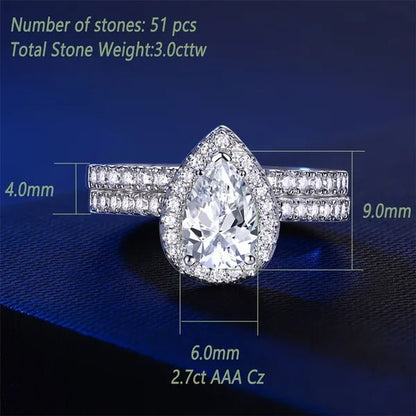 Newshe Halo Pear Shape Solid 925 Sterling Silver Wedding Engagement Rings For Women Water Drop AAAAA  Bridal Set Sz 4-13