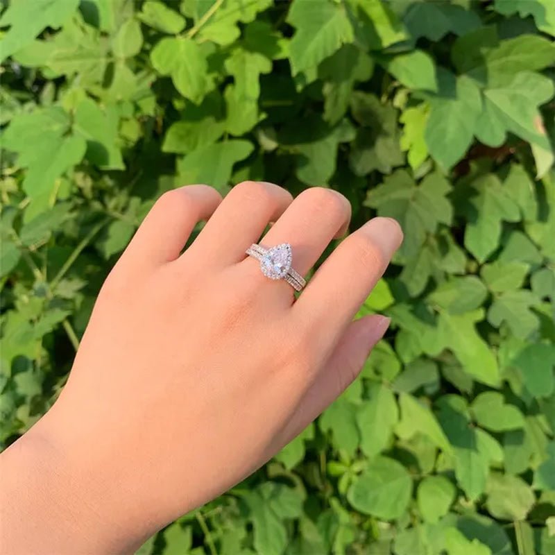 Newshe Halo Pear Shape Solid 925 Sterling Silver Wedding Engagement Rings For Women Water Drop AAAAA Bridal Set Sz 4 - 13 - WORLD TIME VISITS