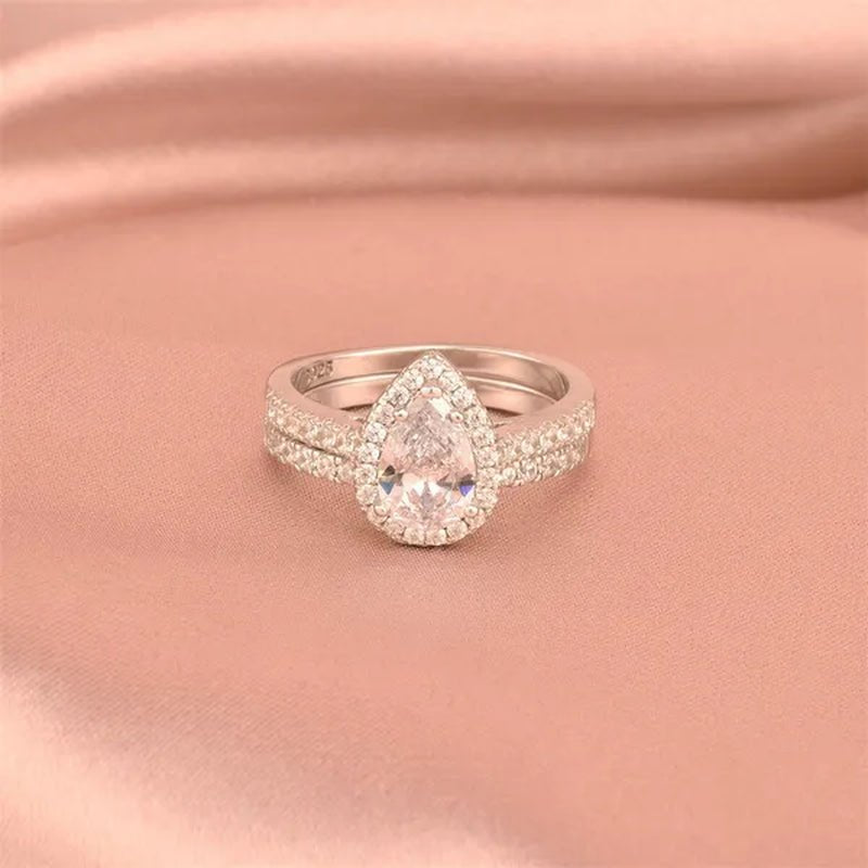 Newshe Halo Pear Shape Solid 925 Sterling Silver Wedding Engagement Rings For Women Water Drop AAAAA  Bridal Set Sz 4-13