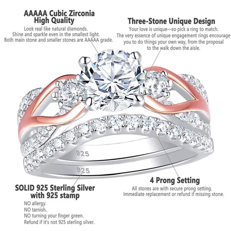 Newshe Solid 925 Sterling Silver Rose Gold Wedding Ring Sets For Women Round Cut Zircon Engagement Ring Luxury Jewelry Sz 5-10
