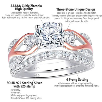 Newshe Solid 925 Sterling Silver Rose Gold Wedding Ring Sets For Women Round Cut Zircon Engagement Ring Luxury Jewelry Sz 5-10