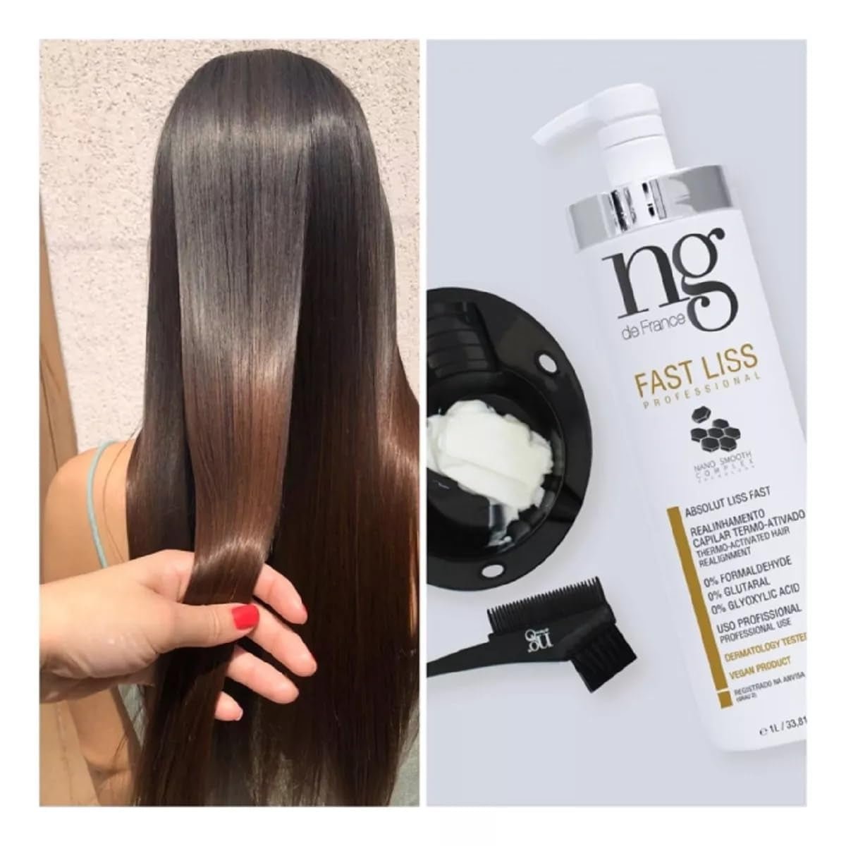 NG De France Vegan Hair Straightening without Formaldehyde Fast Liss Reducer 1000Ml/33.8 Fl.Oz. +  Tanino Protein 24K Vegan Moisturizing Mask 250G/8.82Oz.