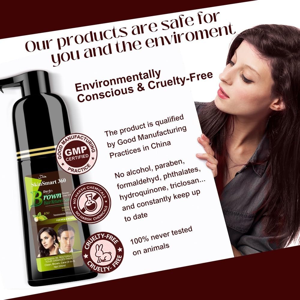 No-Stain Hair Dye Shampoo for Men & Women, Natural Ingredients, Ammonia-Free, up to 100% Gray Coverage, Easy No-Mix Application, 200 Ml, Pack of 1 (Dark Brown)