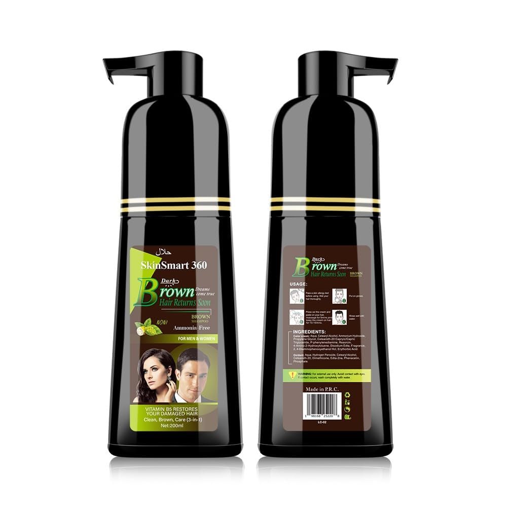 No - Stain Hair Dye Shampoo for Men & Women, Natural Ingredients, Ammonia - Free, up to 100% Gray Coverage, Easy No - Mix Application, 200 Ml, Pack of 1 (Dark Brown) - WORLD TIME VISITS