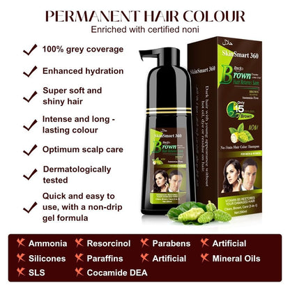 No-Stain Hair Dye Shampoo for Men & Women, Natural Ingredients, Ammonia-Free, up to 100% Gray Coverage, Easy No-Mix Application, 200 Ml, Pack of 1 (Dark Brown)