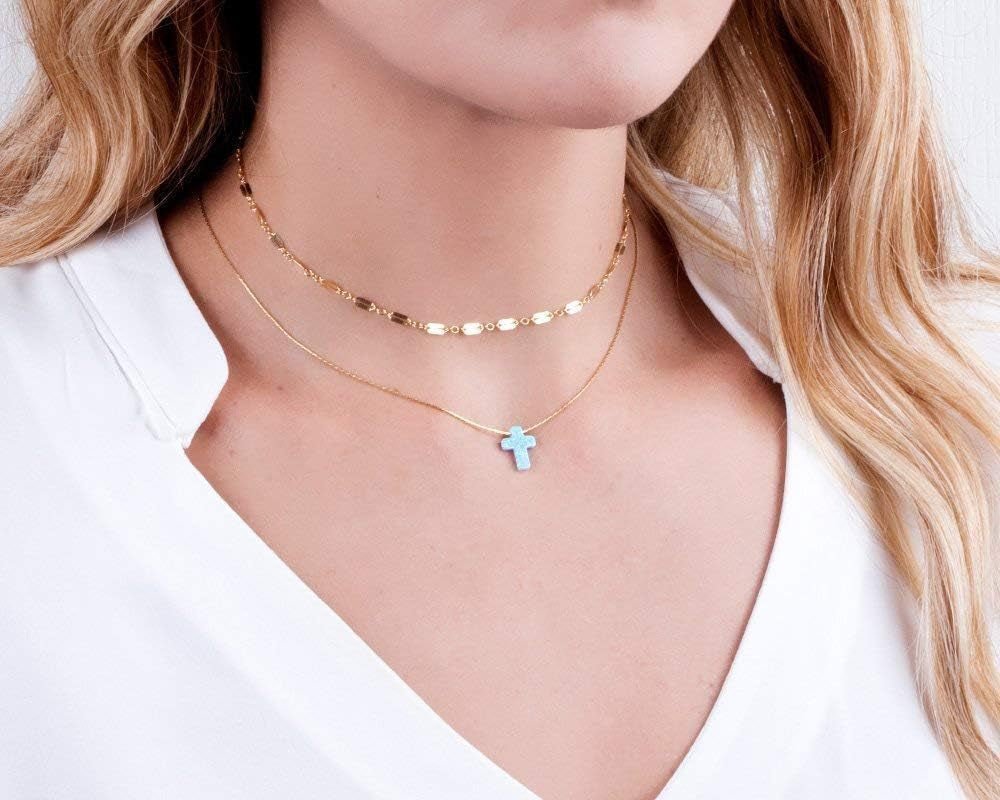 Opal Cross Choker Necklace – Thin Chain, Gold Filled or Silver, Blue or White, 13.5–16.5”