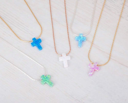 Opal Cross Choker Necklace – Thin Chain, Gold Filled or Silver, Blue or White, 13.5–16.5”