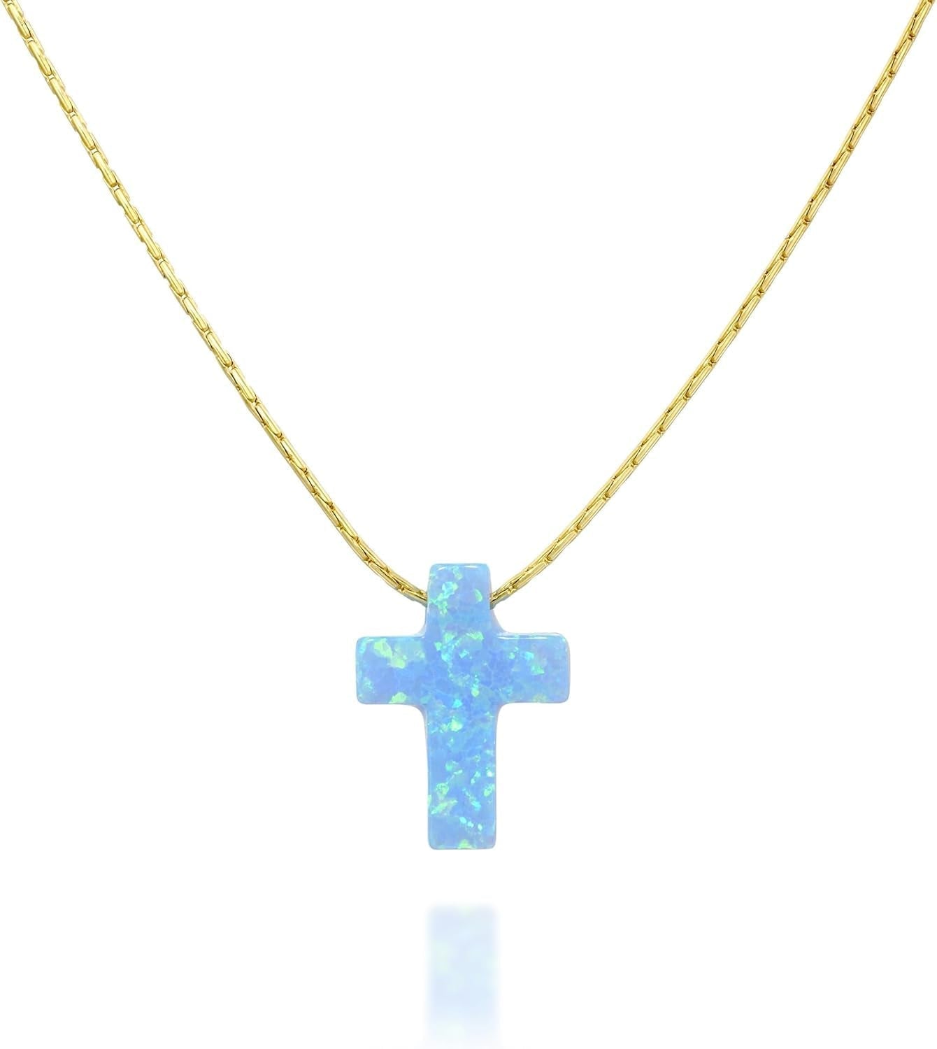 Opal Cross Choker Necklace – Thin Chain, Gold Filled or Silver, Blue or White, 13.5–16.5” - WORLD TIME VISITS