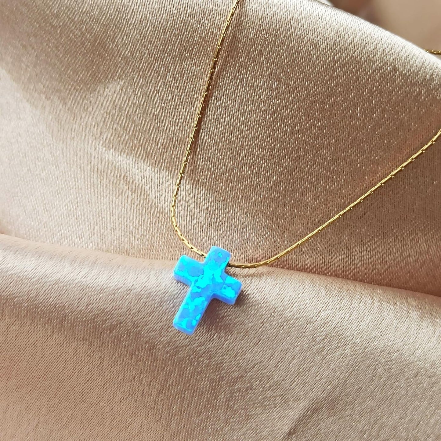 Opal Cross Choker Necklace – Thin Chain, Gold Filled or Silver, Blue or White, 13.5–16.5”