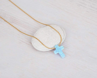 Opal Cross Choker Necklace – Thin Chain, Gold Filled or Silver, Blue or White, 13.5–16.5”