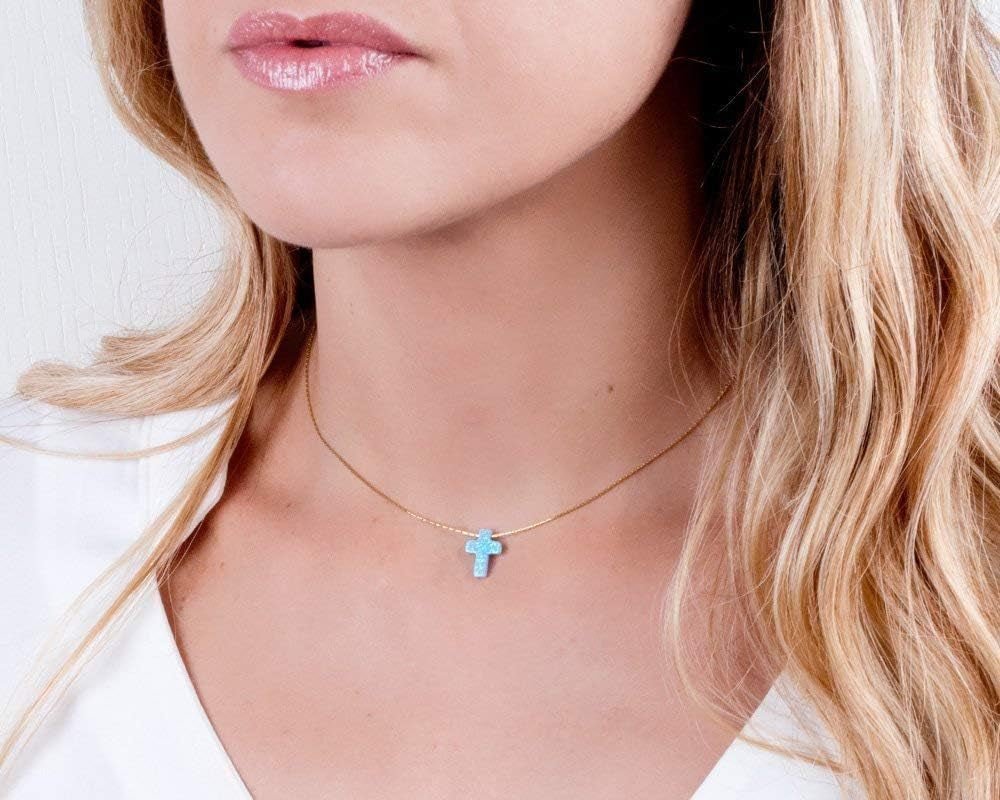 Opal Cross Choker Necklace – Thin Chain, Gold Filled or Silver, Blue or White, 13.5–16.5” - WORLD TIME VISITS