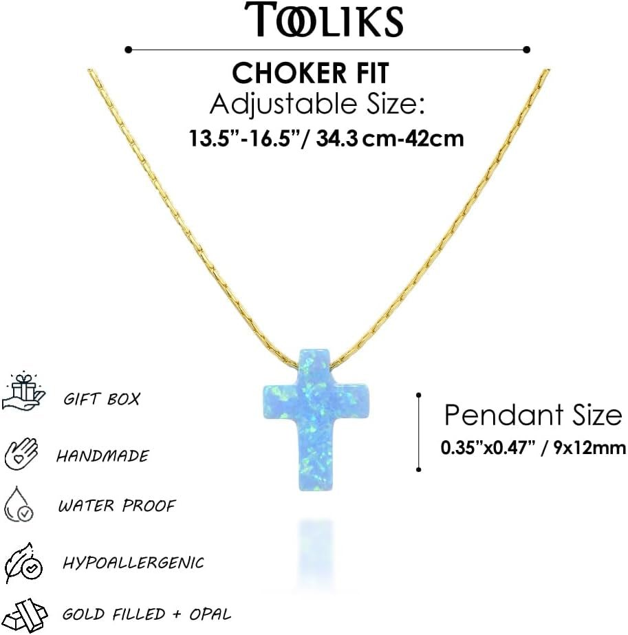 Opal Cross Choker Necklace – Thin Chain, Gold Filled or Silver, Blue or White, 13.5–16.5” - WORLD TIME VISITS