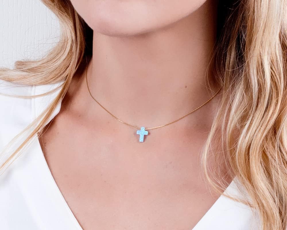 Opal Cross Choker Necklace – Thin Chain, Gold Filled or Silver, Blue or White, 13.5–16.5”