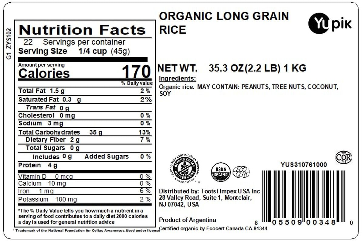 Organic Brown Rice, Long Grains, 2.2 Lb (35.2 Oz), Non - Gmo, Vegan, Gluten - Free, Kosher, Salt - Free, Source of Fiber & Iron, Easy Preparation, Ideal for Recipes, Side Dishes, Salads & More - WORLD TIME VISITS