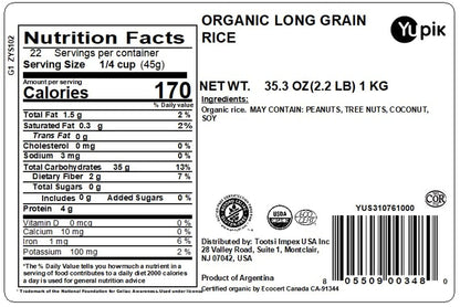 Organic Brown Rice, Long Grains, 2.2 Lb (35.2 Oz), Non - Gmo, Vegan, Gluten - Free, Kosher, Salt - Free, Source of Fiber & Iron, Easy Preparation, Ideal for Recipes, Side Dishes, Salads & More - WORLD TIME VISITS