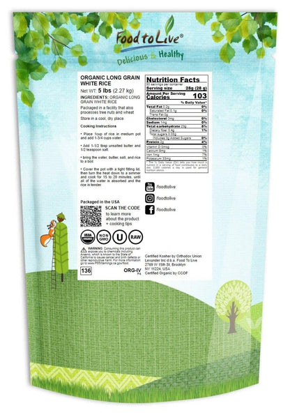 Organic Long Grain White Rice, 5 Pounds – Non - Gmo, Vegan, Kosher. Easy to Cook. Stays Separate and Fluffy. Low in Fat. Contains Iron. Perfect for Stuffing, Pilafs, Salads. - WORLD TIME VISITS