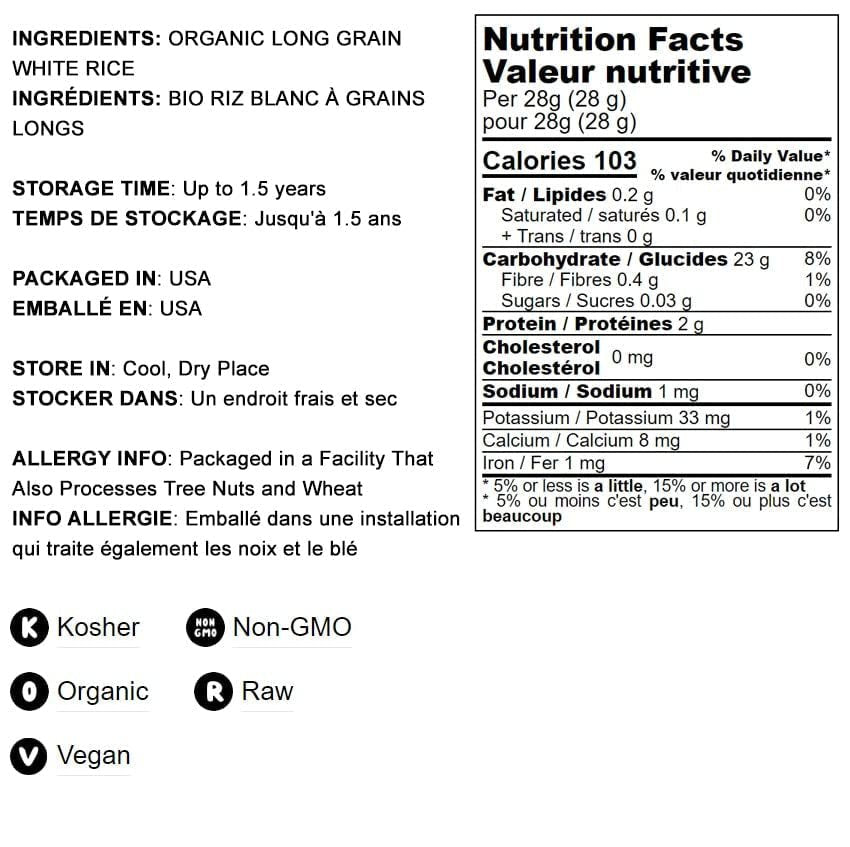 Organic Long Grain White Rice, 5 Pounds – Non-Gmo, Vegan, Kosher. Easy to Cook. Stays Separate and Fluffy. Low in Fat. Contains Iron. Perfect for Stuffing, Pilafs, Salads.