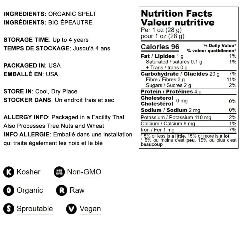 Organic Spelt Berries, 8 Pounds — Non-Gmo, Whole Grain, Non-Irradiated, Vegan Superfood, Bulk, Product of the USA