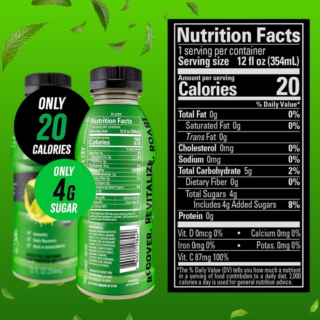 Organic  Turmeric Lemonade with Green Tea - Bio Active Curcumin + Green Tea + Ginger - 12 Bottles - Recover with Plant Based Power - 20 Calories