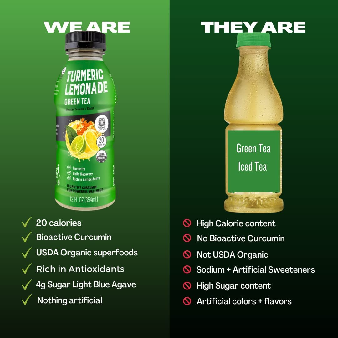Organic  Turmeric Lemonade with Green Tea - Bio Active Curcumin + Green Tea + Ginger - 12 Bottles - Recover with Plant Based Power - 20 Calories
