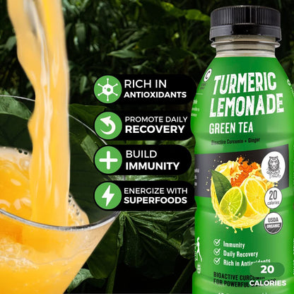 Organic Turmeric Lemonade with Green Tea - Bio Active Curcumin + Green Tea + Ginger - 12 Bottles - Recover with Plant Based Power - 20 Calories - WORLD TIME VISITS