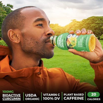 Organic  Turmeric Lemonade with Green Tea - Bio Active Curcumin + Green Tea + Ginger - 12 Bottles - Recover with Plant Based Power - 20 Calories