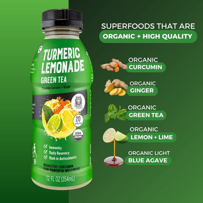 Organic  Turmeric Lemonade with Green Tea - Bio Active Curcumin + Green Tea + Ginger - 12 Bottles - Recover with Plant Based Power - 20 Calories