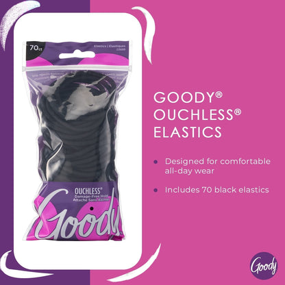 Ouchless Women'S Elastic Hair Ties - 70 Count, Black - 4MM for Medium Hair - Long-Lasting Braids, Ponytails, and More - Pain-Free Hair Accessories