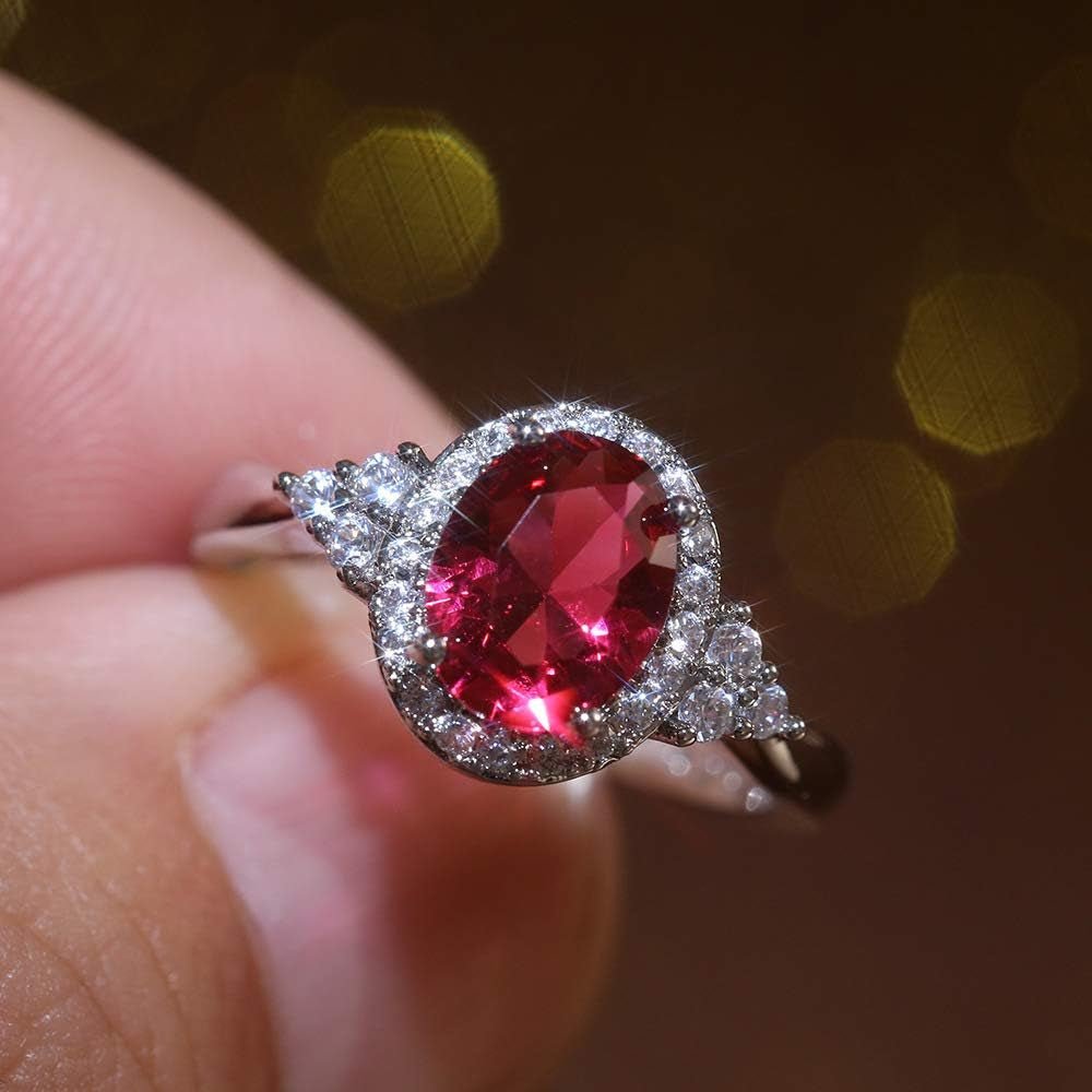Oval Cut Ruby Diamond Cluster Solitaire Ring Delicate Engagement Rings 14K Gold Plated 925 Sterling Silver Gemstone Ring Natural Ruby Ring for Women Size 8 - WORLD TIME VISITS