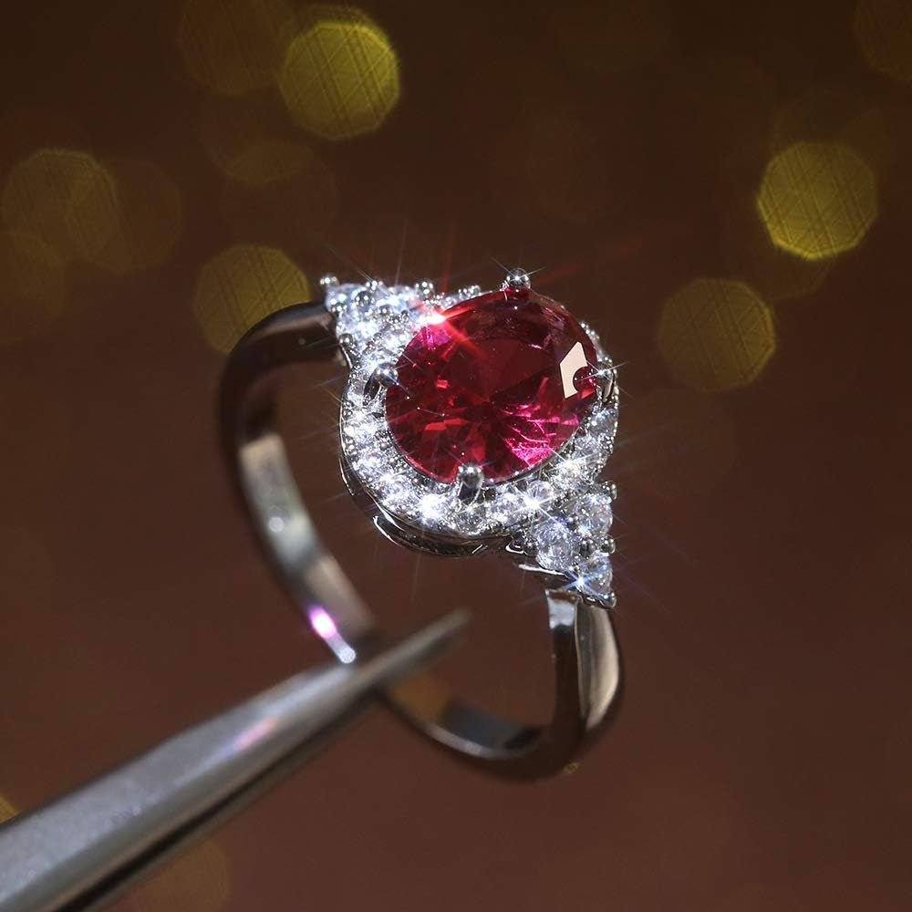 Oval Cut Ruby Diamond Cluster Solitaire Ring Delicate Engagement Rings 14K Gold Plated 925 Sterling Silver Gemstone Ring Natural Ruby Ring for Women Size 8