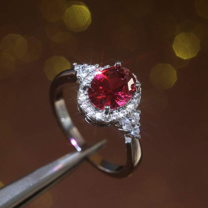 Oval Cut Ruby Diamond Cluster Solitaire Ring Delicate Engagement Rings 14K Gold Plated 925 Sterling Silver Gemstone Ring Natural Ruby Ring for Women Size 8
