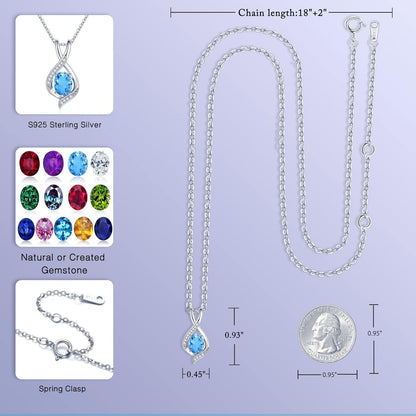 Oval Sparkle Birthstone Pendant Necklace, 925 Sterling Silver Gemstone Pendant Anniversary Birthday Gifts for Women Wife Girlfriend Mom Grandma Birthstone Necklace for Women Jewelry Gifts