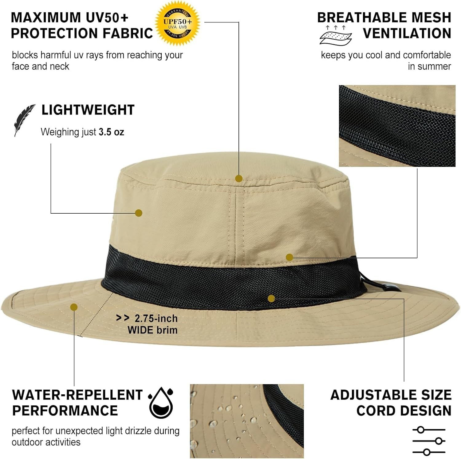 Oversized XL XXL Men'S UV 50 Waterproof Packable Mesh Sun Hat Bucket Bonnie Beach Hiking Fishing - WORLD TIME VISITS