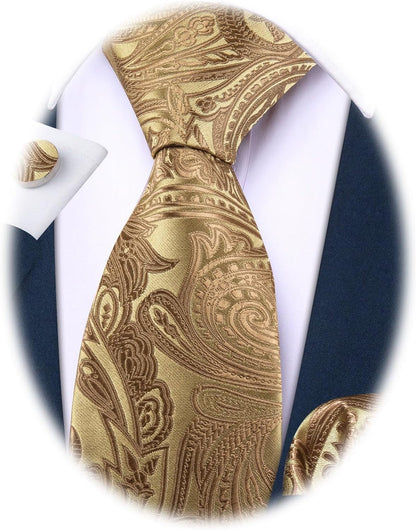 Paisley Tie Fashion Set Hanky Cufflinks Neckties for Men Woven Silk - WORLD TIME VISITS
