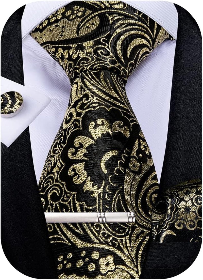 Paisley Ties for Men Silk Necktie and Pocket Square Cufflinks Tie Clip Set Woven Classic Mens Tie for Wedding Party - WORLD TIME VISITS