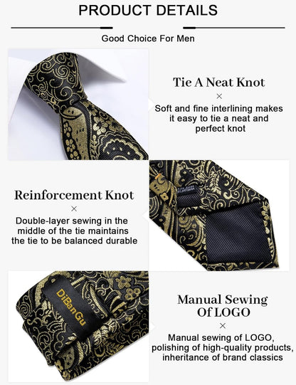 Paisley Ties for Men Silk Necktie and Pocket Square Cufflinks Tie Clip Set Woven Classic Mens Tie for Wedding Party