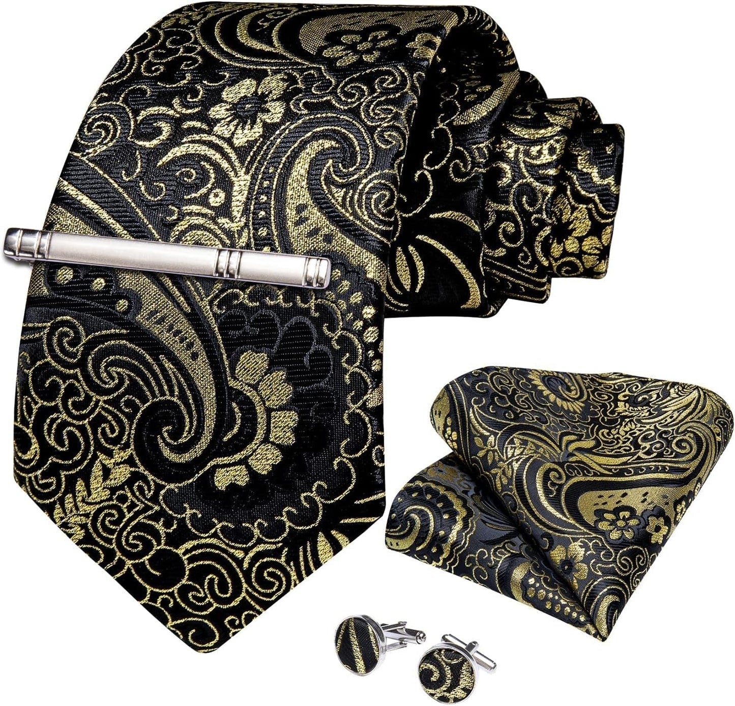 Paisley Ties for Men Silk Necktie and Pocket Square Cufflinks Tie Clip Set Woven Classic Mens Tie for Wedding Party - WORLD TIME VISITS