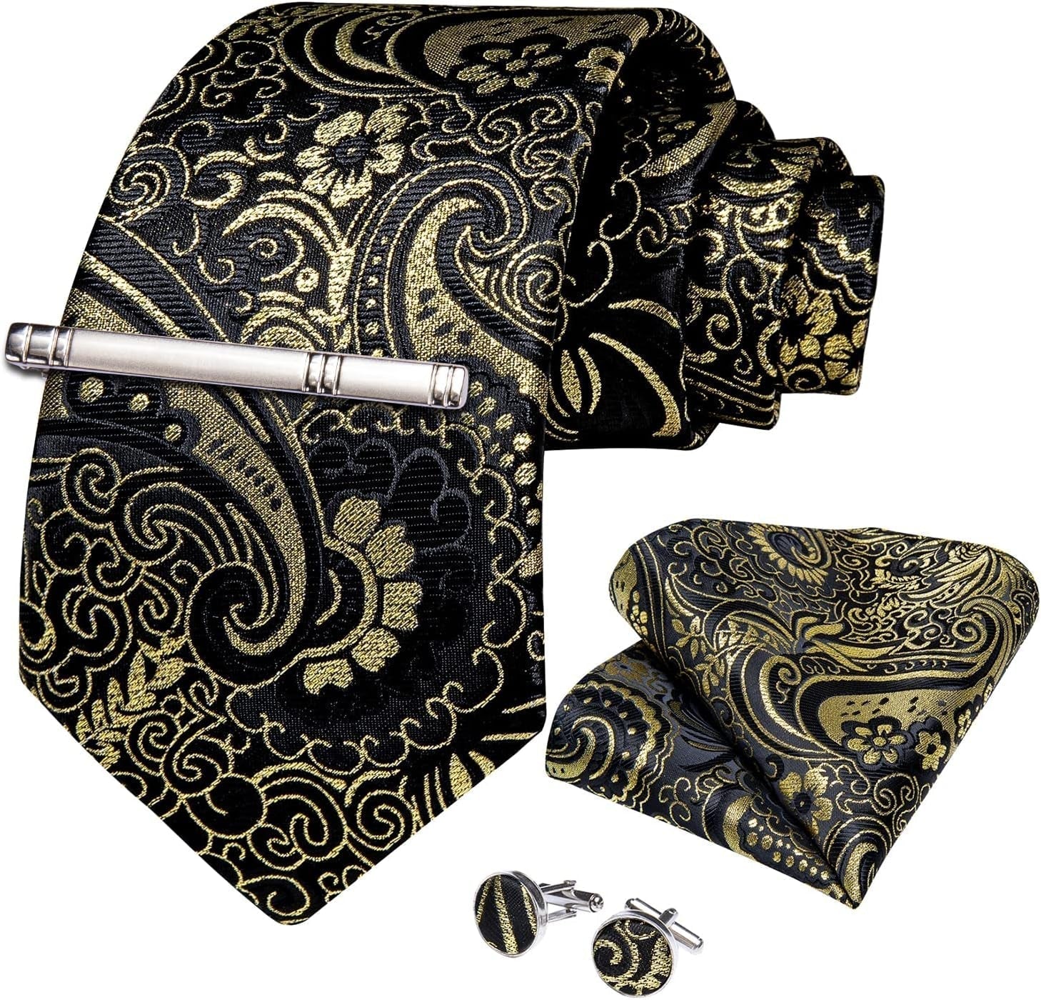 Paisley Ties for Men Silk Necktie and Pocket Square Cufflinks Tie Clip Set Woven Classic Mens Tie for Wedding Party - WORLD TIME VISITS