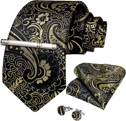 Paisley Ties for Men Silk Necktie and Pocket Square Cufflinks Tie Clip Set Woven Classic Mens Tie for Wedding Party - WORLD TIME VISITS