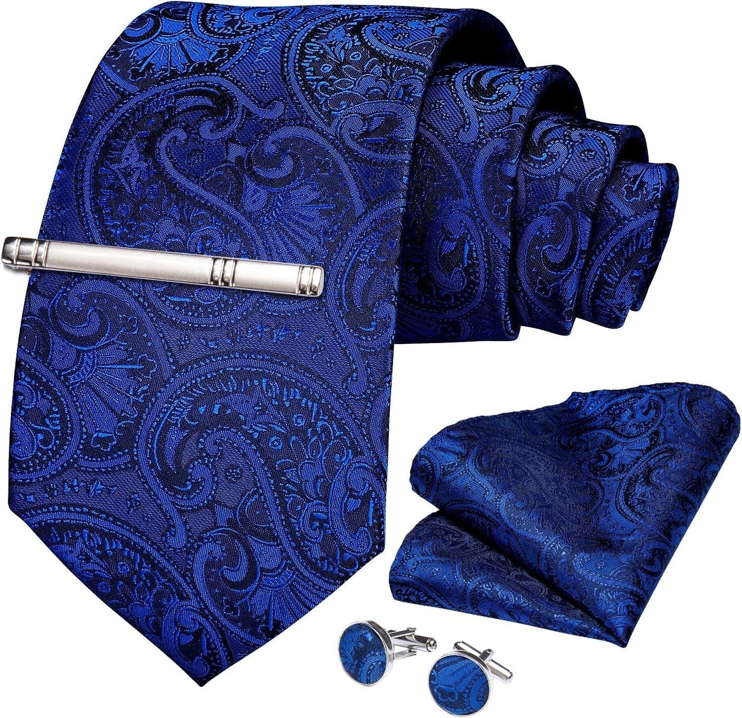 Paisley Ties for Men Silk Necktie and Pocket Square Cufflinks Tie Clip Set Woven Classic Mens Tie for Wedding Party - WORLD TIME VISITS