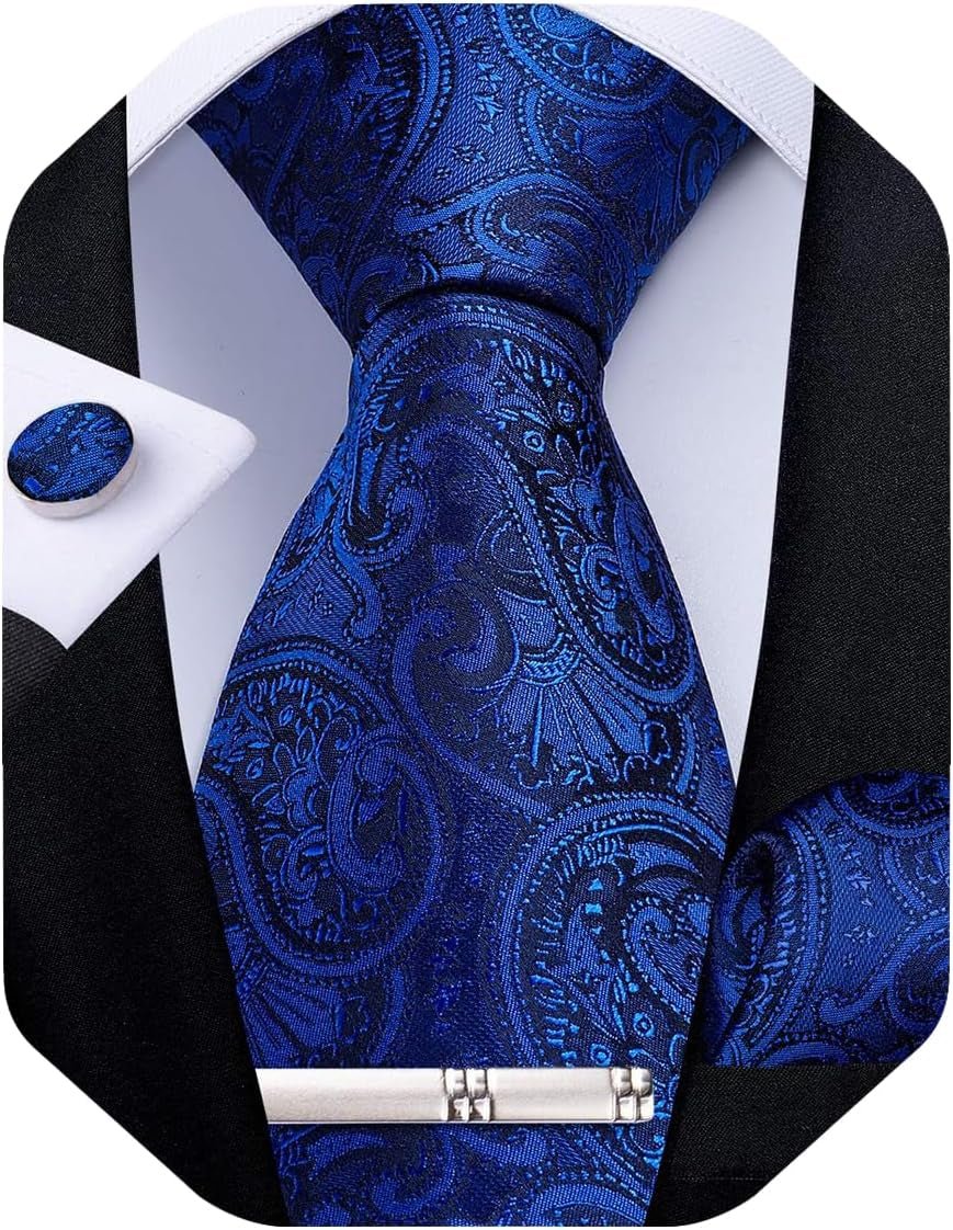 Paisley Ties for Men Silk Necktie and Pocket Square Cufflinks Tie Clip Set Woven Classic Mens Tie for Wedding Party - WORLD TIME VISITS