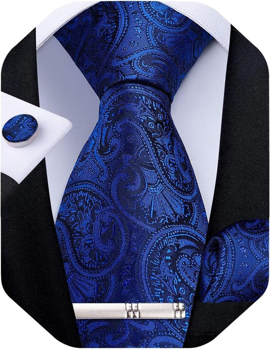 Paisley Ties for Men Silk Necktie and Pocket Square Cufflinks Tie Clip Set Woven Classic Mens Tie for Wedding Party - WORLD TIME VISITS
